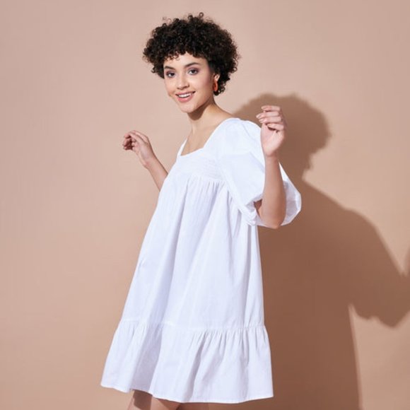 White Cotton Poplin Puff Sleeves Tiered Dress, - Picture 1 of 8